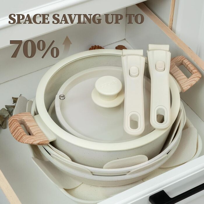 Набір каструль та сковорідок з керамічним покриттям 23 частини. Антипригарне покриття, знімні ручки, підходить для всіх плит, духовка, без PFAS, PTFE, PFOA. Кремово-білий колір.