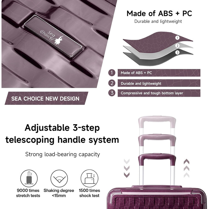 Набір валіз Sea Choice: 3 валізи (55/65/75 см) + косметичка, жорсткий корпус, TSA-замок, колір м'ятно-зелений