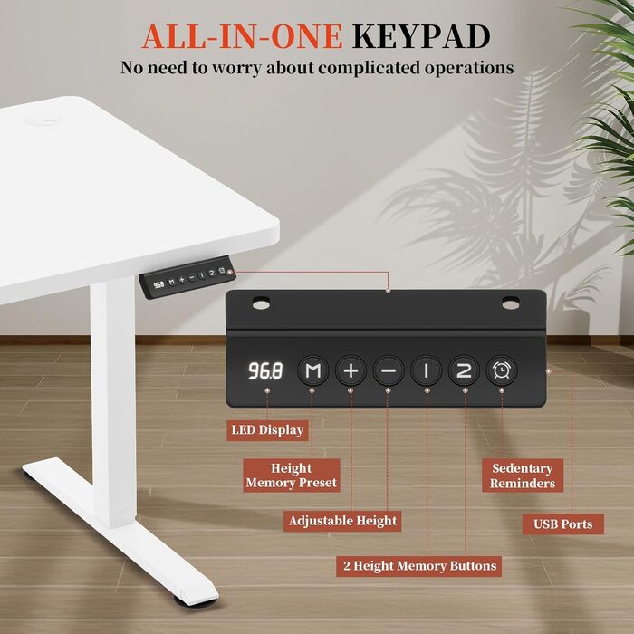 Електричний стіл 140x60 см, регулювання висоти, комп'ютерний стіл, без швів, білий