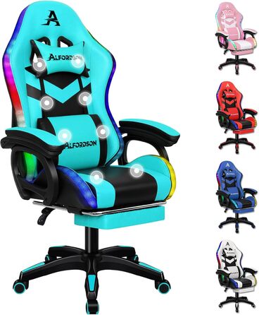 Ігровий крісло Alfordson з підсвічуванням RGB, масажний комп'ютерний крісло з підніжкою, ергономічний поворотний крісло з регульованою спинкою, колір Cyan