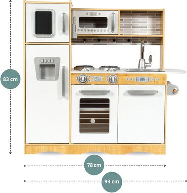 Дерев'яна дитяча кухня Mamabrum з LED-підсвічуванням та аксесуарами - 15 частин. Комплект: плита, духовка, мікрохвильова піч, холодильник, кран та іграшкова кухонна утвар для дітей