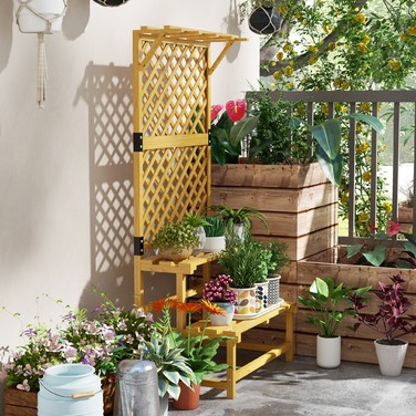 Підставка для рослин, полиця для квітів, 2 яруси, з шпалером та дахом, з соснового дерева, 75x50x166 см, жовта
