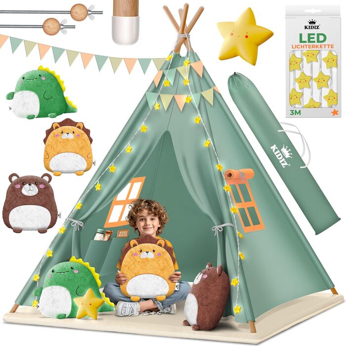 Дитячий намет KIDIZ Teepee 100x100x160см зі світлодіодом, декором та аксесуарами для дому та вулиці (зелений)