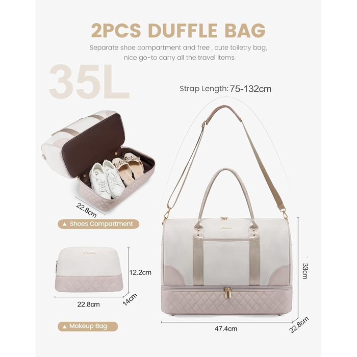 Сумка-мішок LOVEVOOK для подорожей: жіноча дорожня сумка-мішок з відділенням для взуття та мокрих речей, 2 шт. (35л, Beige & Khaki)