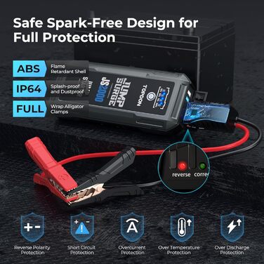 TOPDON JS3000 Powerbank для запуску двигуна: стартер, бустер для авто, 24000mAh (2500A), LED, для бензинових та дизельних двигунів до 9L/7L