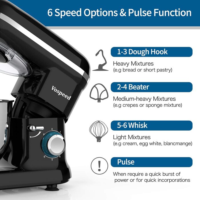 Електричний кухонний міксер Vospeed 1500W з 6 швидкостями та мискою 6.2QT (чорний)