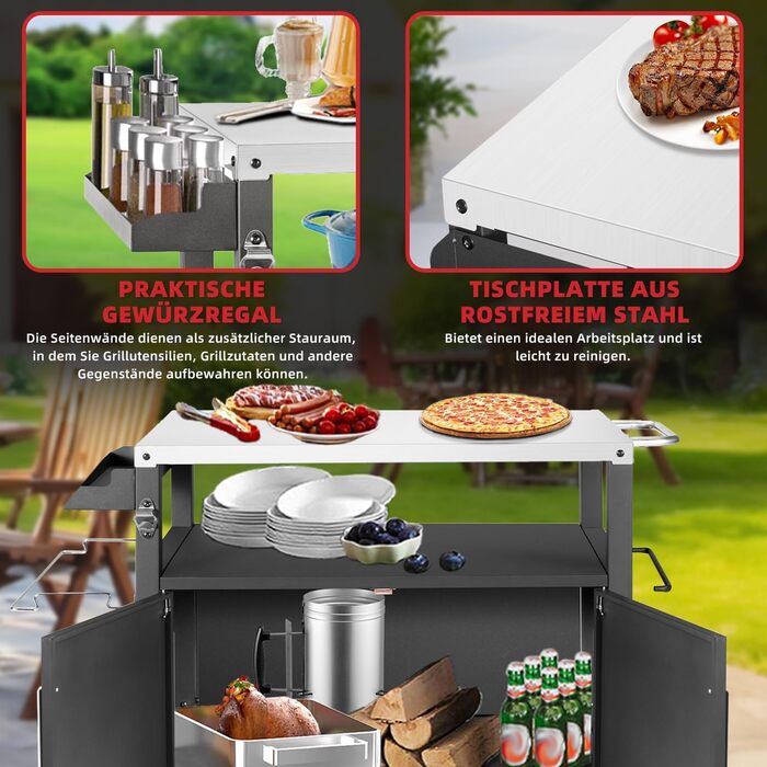 Набір для гриля з великою робочою поверхнею | Гриль-стіл, вуличний гриль-тролей, стіл з нержавіючої сталі для саду, срібно-чорний 112*59*82см