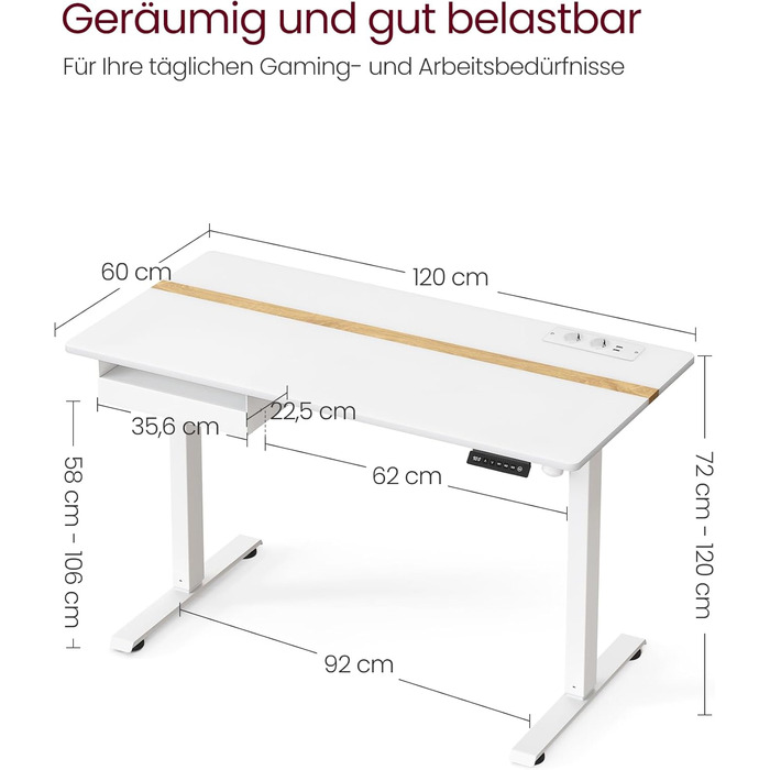 Електричний регульований стіл VASAGLE 120x60 см, білий + горіховий, з пам'яттю висоти, з розетками та ящиком