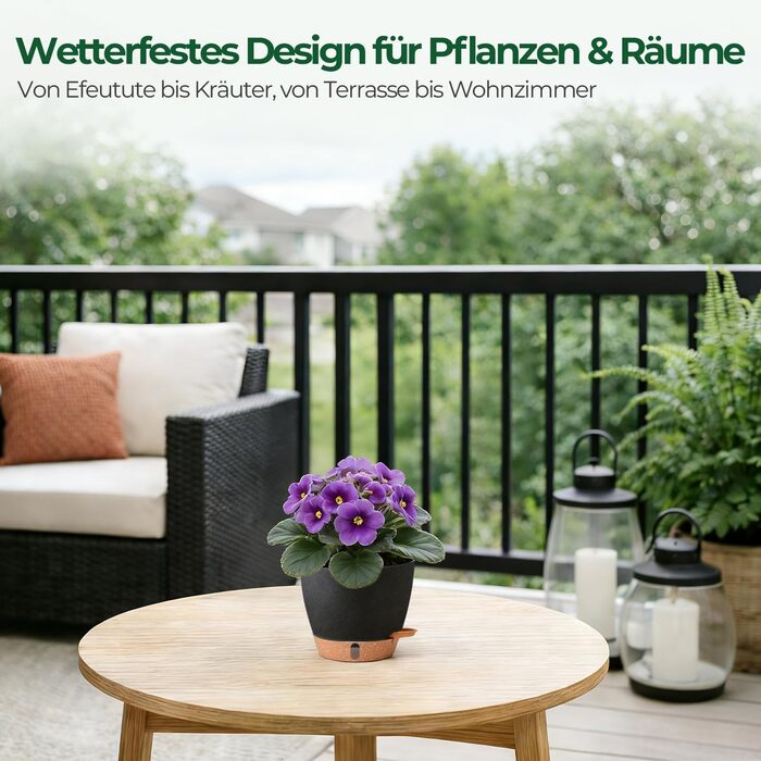 Набір 4 самополивні горщики T4U 15 см з індикатором рівня води, для дому та саду, чорний