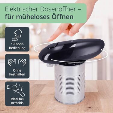 Електричний відкривач банок ADE | для літніх людей | з магнітом та гачком | без гострих країв | з батарейками, чорний