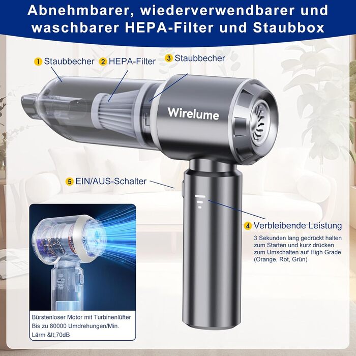 Акумуляторний ручний автомобільний пилосос 4 в 1, потужність 22000 Па, циклонна система, 3 режими всмоктування, портативний бездротовий пилосос для авто та шерсті тварин (Темно-сірий)