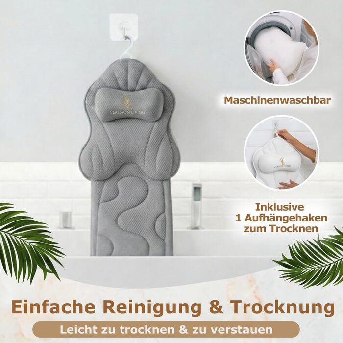 Подушка для ванни повний корпус (126x41 см) з підголівником (13 см) - біла (антрацит) - підтримка шиї, спини та ніг + сумка для прання та подорожей