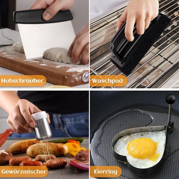 Набір гриль-посуду, аксесуари для гриля BBQ з пресом для бургерів, шпатель, лопатка для бургерів, прес для Smash Burger, аксесуари для Plancha, гриль Teppanyaki, для приготування на відкритому повітрі та в приміщенні (18 предметів), чорний