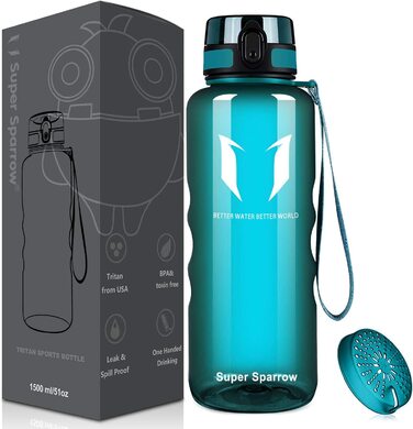Пляшка для пиття Super Sparrow-пляшка для води об'ємом 1,5 л, герметична-спортивна пляшка без бісфенолу А / Школа, спорт, вода, велосипед (1-прозоре морське скло)