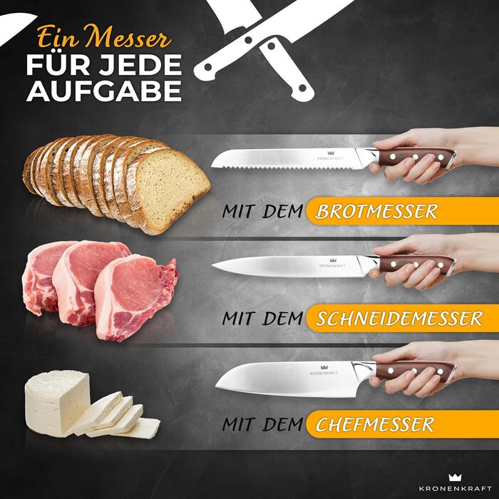 Набір кухонних ножів Kronenkraft 9-ти частинний з підставкою: 6 ножів, куряча ножиця та точилка. Матеріал ручки: Pakkaholz. Включає саторі, ніж кухаря, хлібний ніж.