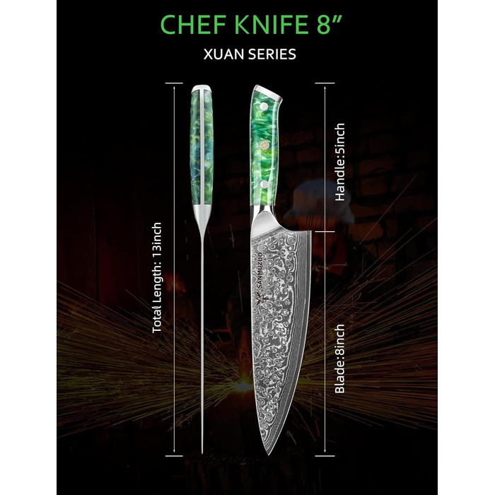 Ніж кухарський 20 см Xuan Серія VG10 Дамаська сталь, ручка з харчового пластику (смарагдовий)