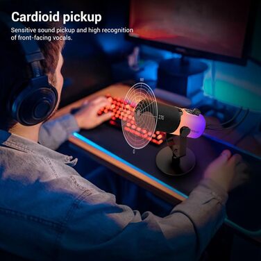 USB/XLR мікрофон для геймінгу та запису голосу FDUCE з RGB підсвічуванням, регулятором посилення та навушником.