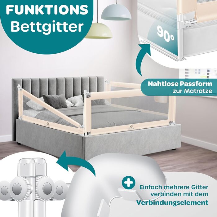 Захисний бортик для ліжка KESSER® 150 см, сітчастий, складаний та регульований по висоті, захист від випадання для дітей та немовлят, бежевий