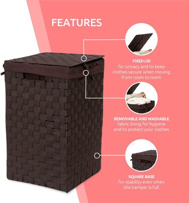 Кошик для білизни RAN6892 Stan з кришкою, ручками, плетіння з металевим каркасом, знімний вкладиш з льону, 30 x 30 x 50 см, Коричневий, Шоколадний, 30 x 30 x H.50 см