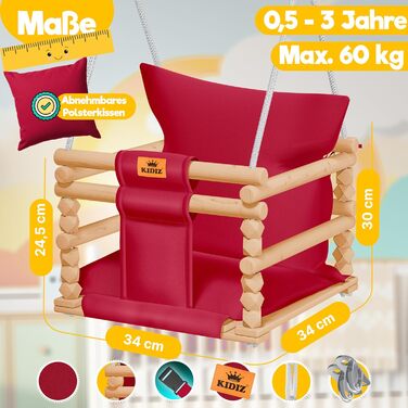 Дитячий гойдалка-колиска KIDIZ® для немовлят (від 6 міс.) та малюків до 3+ років, дерев'яна, з регулюванням висоти та м'якою подушкою, для дому та вулиці, бордовий колір