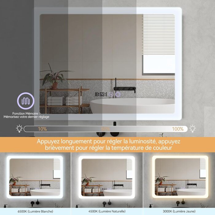 Дзеркало для ванної кімнати YU YUSING з підсвічуванням 80x60 см, LED, 3 кольори світла, регулювання яскравості, антизапар, сенсорне управління, таймер, загартоване скло, IP44 (прозоре)