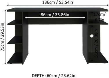 Ігровий комп'ютерний стіл Madesa з 5 полицями, 136x60x75 см, дерево, чорний