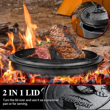 Чавунний казан OVERMONT Dutch Oven (розмір L) для багаття та кемпінгу, з двосторонньою кришкою, ніжками та піднімачем