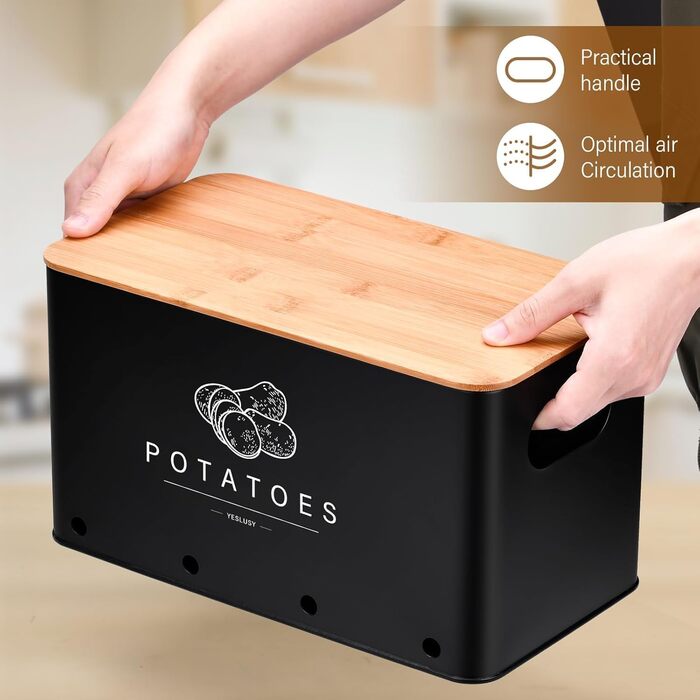 Набір контейнерів для зберігання картоплі, цибулі та часнику (3 шт.), бамбуковий кришка, чорний колір