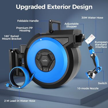 Himimi автоматичний водяний шланг 30м + 2м настінна коробка, поворот на 180°, ролики для саду, автоматичний з 10-в-1 розпилювачем, кріплення на стіну для поливу