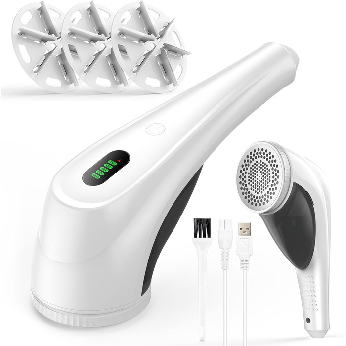 Електричний видальник ворсу з LED-дисплеєм, 6 лез, 2 рівня висоти, 2000 mAh, USB-C, 3 змінні леза, великий контейнер для одягу, диванів, ворсу, ковдр (білий)