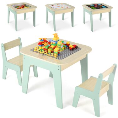 Дитячий стіл і стільці Clevich: комплект для дитячої кімнати з місцем для зберігання, 2 стільці, двосторонній стіл для малювання та будівельна пластина, зелений