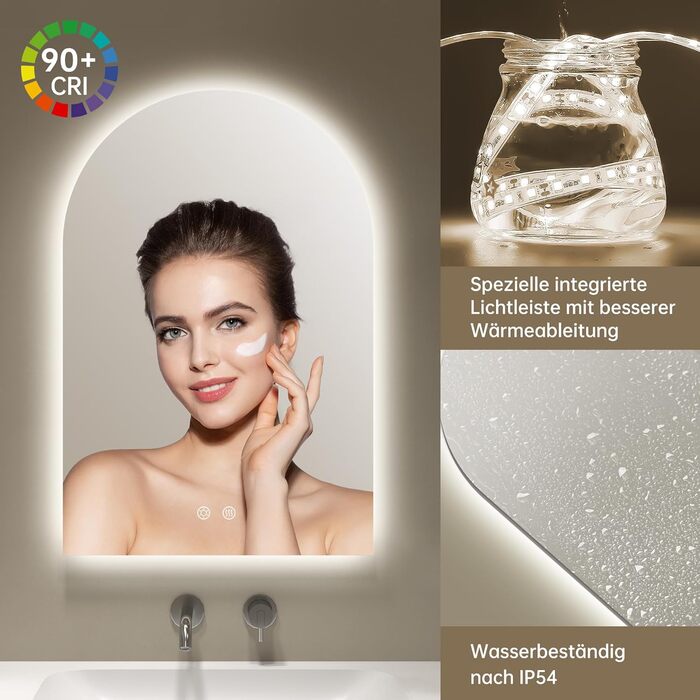 Дзеркало для ванної кімнати OUMUSU з підсвічуванням, 50x75 см, без рами, арочне, антизапотівальне, сенсорне керування, диммування, 3 кольори світла