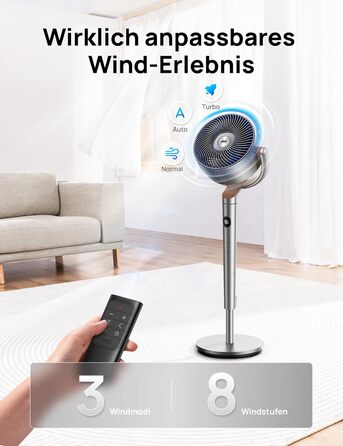 Вентилятор підлоговий Dreo з тихим мотором 20dB, 120° осциляція, дальність 26м, 1200 м³/год, 102 см, 3 режими, 8 швидкостей, срібний