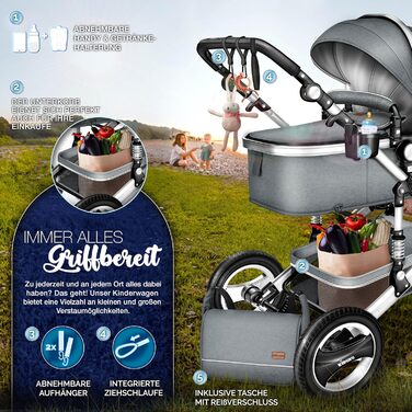 Дитяча коляска 3 в 1 KIDUKU® XXL Комплект | Комбінована коляска з люлькою, візком та автокріслом | З підніжкою, сумкою для підгузків, гріючою для рук, дощовиком, столиком для дитини | З гумовими колесами ECE R129 сірого/срібного кольору