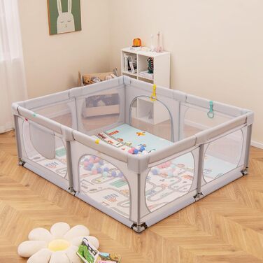 Дитячий манеж COSTWAY Laufstall з матрацом 189 x 158 см, з 50 м'ячиками та 4 ручками. Манеж-ігровий центр з дихаючим мережем для малюків (Світло-сірий)