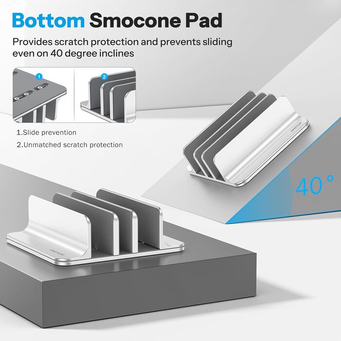 Підставка для ноутбука OMOTON 3 в 1, алюміній, регульована, до 17.3 дюйма, сумісна з MacBook, Android, срібна
