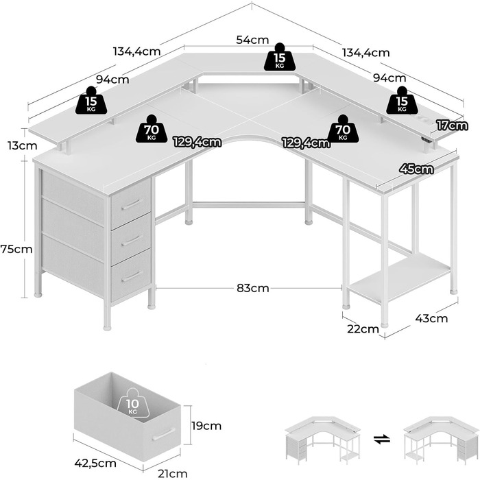Ігровий кутовий стіл Seventable L-подібної форми з LED підсвіткою, розетками та 3 текстильними висувними ящиками, білий, 135x135x88 см