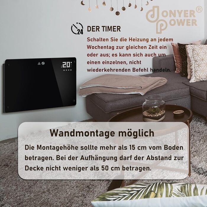 Конвектор DONYER POWER 2500W з Wi-Fi, таймером та пультом керування, чорний, з склопанеллю, для дому та офісу