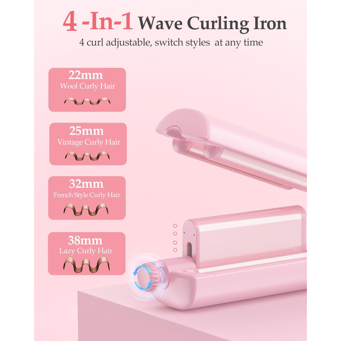 4-в-1 Випрямляч для волосся з насадками - локони 22/25/32/38 мм, для створення пляжних, природних та водохвиль, 4 температури (140-210°C), рожевий