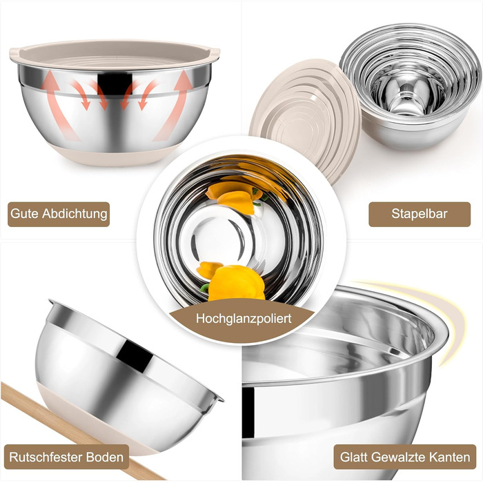 Набір мисок Onader (6 шт) з нержавіючої сталі з кришками та тертками для кухні, 4.6/2.8/2.5/1.6/1.2/0.7 л, стакові та придатні для миття в посудомийній машині, бежевий колір