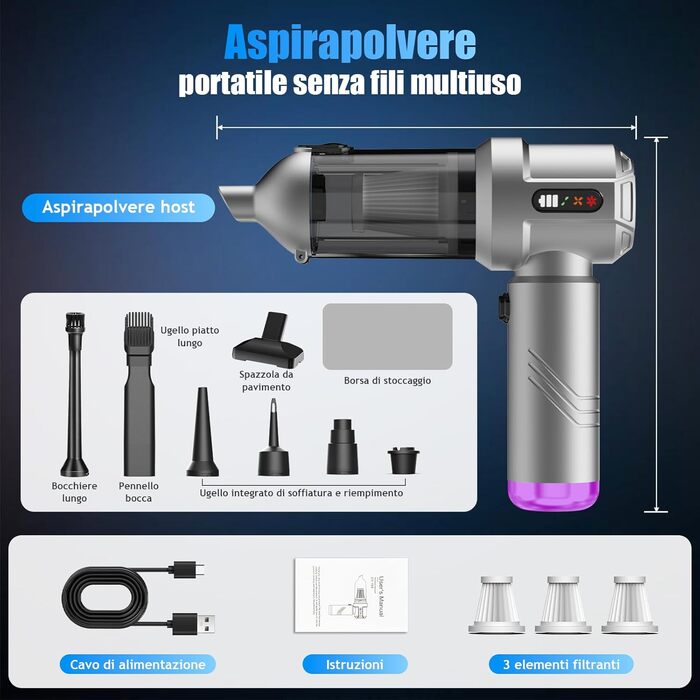 Акумуляторний ручний пилосмок 4 в 1, бездротовий портативний пилосос для авто та дому, 25000Па, з автоматичним очищенням та потужним всмоктуванням для шерсті тварин, сріблястий