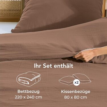Бетлічна постільна білизна Dreamzie з мусліну, 135x200 см, 100% бавовна – комплект з 2 наволочок та 2 наволочок 80x80 см – сертифікована Oeko-Tex постільна білизна з блискавкою (Мокко, 220x240 см + 2 наволочки 80x80 см)