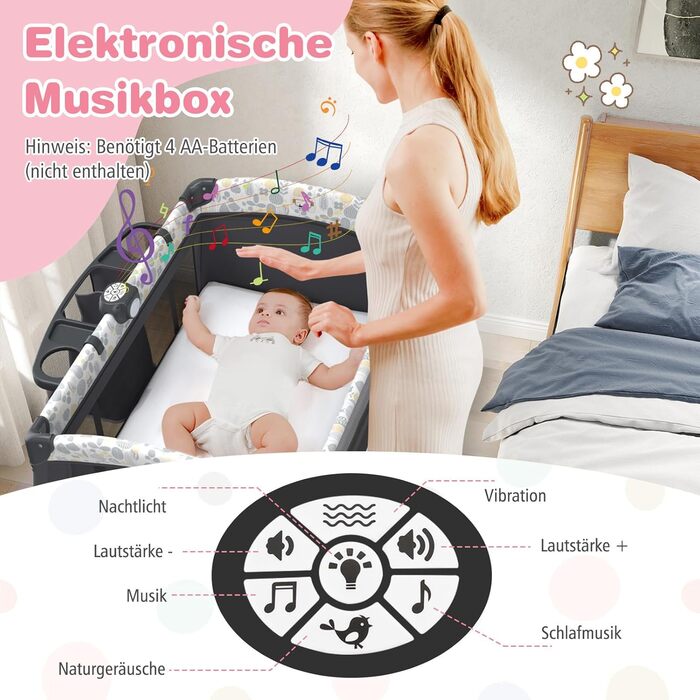 Дитяче туристичне ліжко COSTWAY 5-в-1 з матрацом, функція ліжка-гойдалки, пеленальний столик, музична шкатулка та сумка для перенесення, до 15 кг