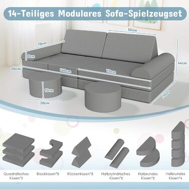 Дитяче ігрове диван-ліжко модульне, 15 частин, сірий, з сертифікатом Oeko-Tex® 100