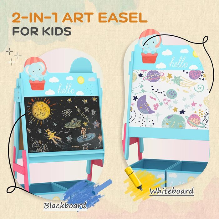 Дитяча мольберт-дошка AIYAPLAY 2 в 1 з двома ящиками для мольбертів та малюнком тварин