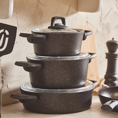 Набір каструль та сковорідок Karaca Ceramica Steel 3Ply: 13 предметів, чорний/золотий, з нержавіючою сталлю та керамічним покриттям