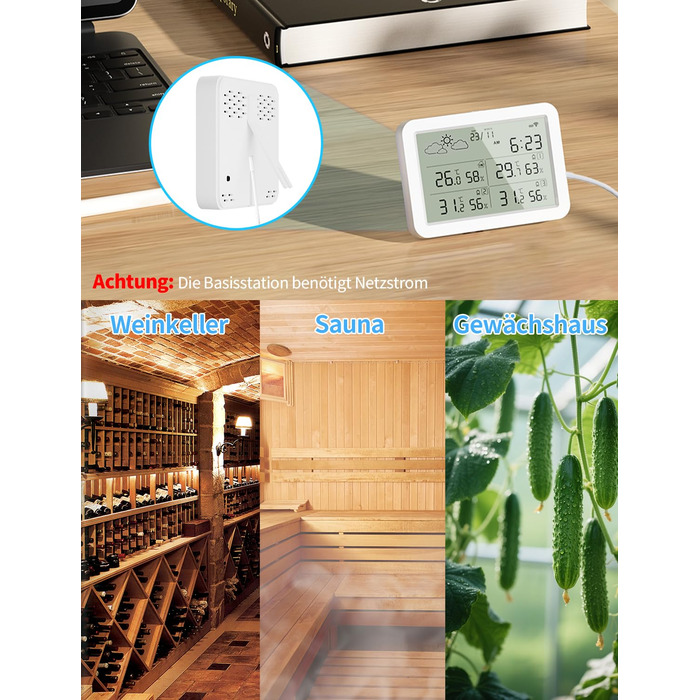 Термометр-гігрометр WIOONI Wi-Fi з LCD-дисплеєм: 3 сенсори + 1 база. Сумісний з Tuya/Smart Life