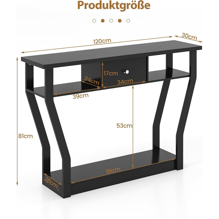 Консольний стіл COSTWAY з ящиком і полицею, 120 х 30 х 81 см, чорний, для передпокою, вітальні, спальні