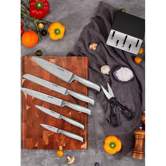 Набір ножів FOHERE 7 предметів з автозаточкою, професійний кухонний набір, з дерев'яним блоком, нержавіюча сталь, ергономічні ручки, ідеальний подарунок