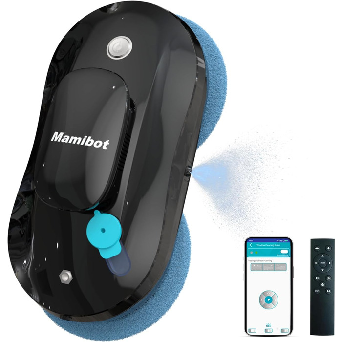 Робот для миття вікон Mamibot W110-P, автоматичний склоочисник з інтелектуальною навігацією, антифол, керування через додаток і пульт, для скла й плитки, 12 серветок, чорний